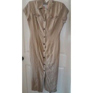 80s Vint.Karen Kein  Arabesque Tan Button Down Ankle-length Dress. Size 34.b14